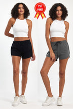 Kadın Yırtmaçlı Mevsimlik Premium Kumaş Regular Fit İpli Siyah - Gri Kısa Mini Şort - MMETALIC