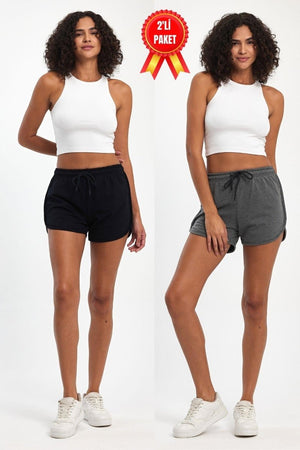 Kadın Yırtmaçlı Mevsimlik Premium Kumaş Regular Fit İpli Siyah - Gri Kısa Mini Şort - MMETALIC