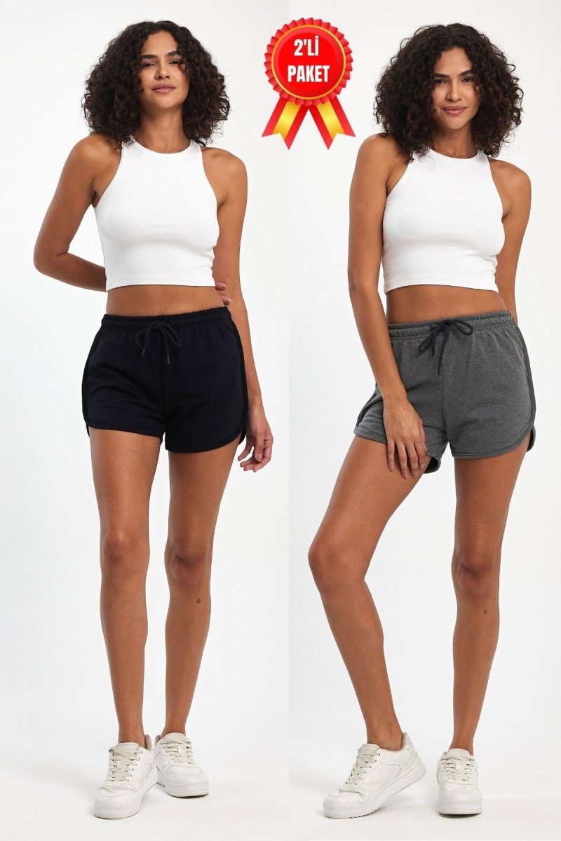 Kadın Yırtmaçlı Mevsimlik Premium Kumaş Regular Fit İpli Siyah - Gri Kısa Mini Şort - MMETALIC