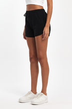 Kadın Yırtmaçlı Mevsimlik Premium Kumaş Regular Fit İpli Siyah Kısa Mini Şort - MMETALIC