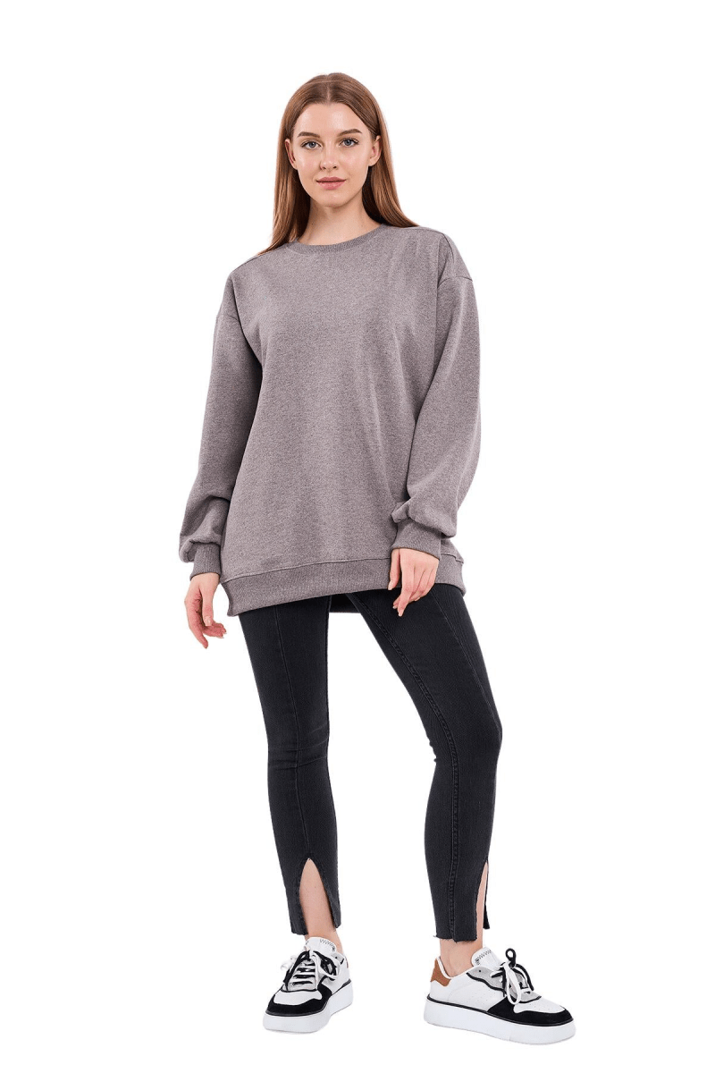 Kahve Kadın Pamuklu Oversize Basic Bisiklet Yaka Sweatshirt - MMETALIC