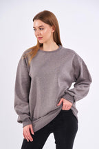 Kahve Kadın Pamuklu Oversize Basic Bisiklet Yaka Sweatshirt - MMETALIC