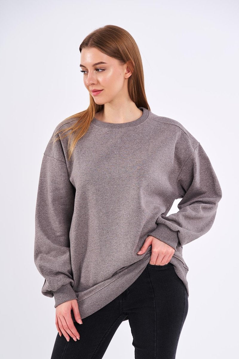 Kahve Kadın Pamuklu Oversize Basic Bisiklet Yaka Sweatshirt - MMETALIC