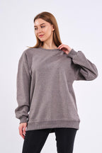 Kahve Kadın Pamuklu Oversize Basic Bisiklet Yaka Sweatshirt - MMETALIC