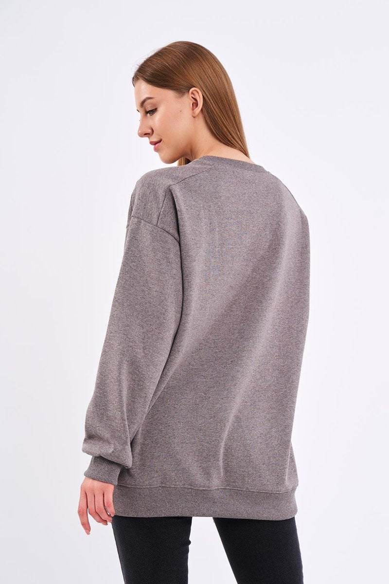 Kahve Kadın Pamuklu Oversize Basic Bisiklet Yaka Sweatshirt - MMETALIC