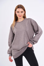 Kahve Kadın Pamuklu Oversize Basic Bisiklet Yaka Sweatshirt - MMETALIC