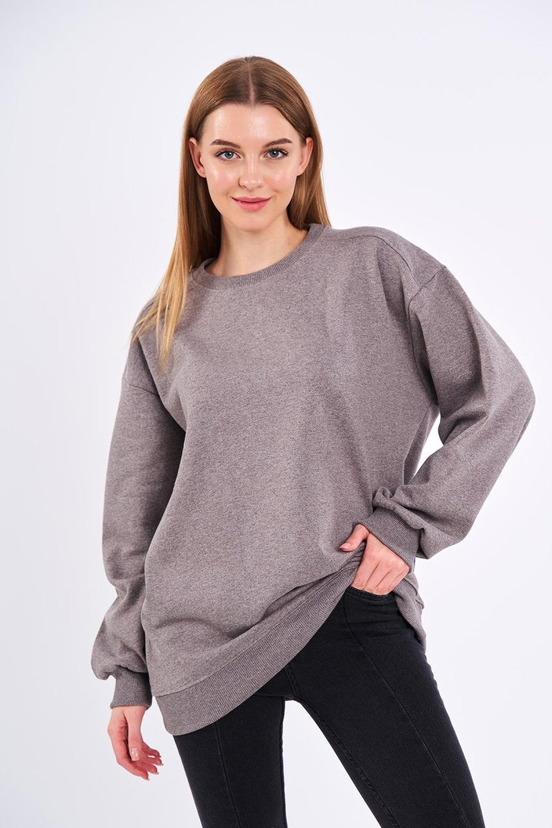 Kahve Kadın Pamuklu Oversize Basic Bisiklet Yaka Sweatshirt - MMETALIC