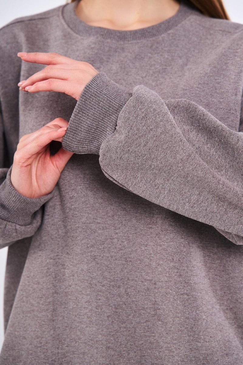 Kahve Kadın Pamuklu Oversize Basic Bisiklet Yaka Sweatshirt - MMETALIC