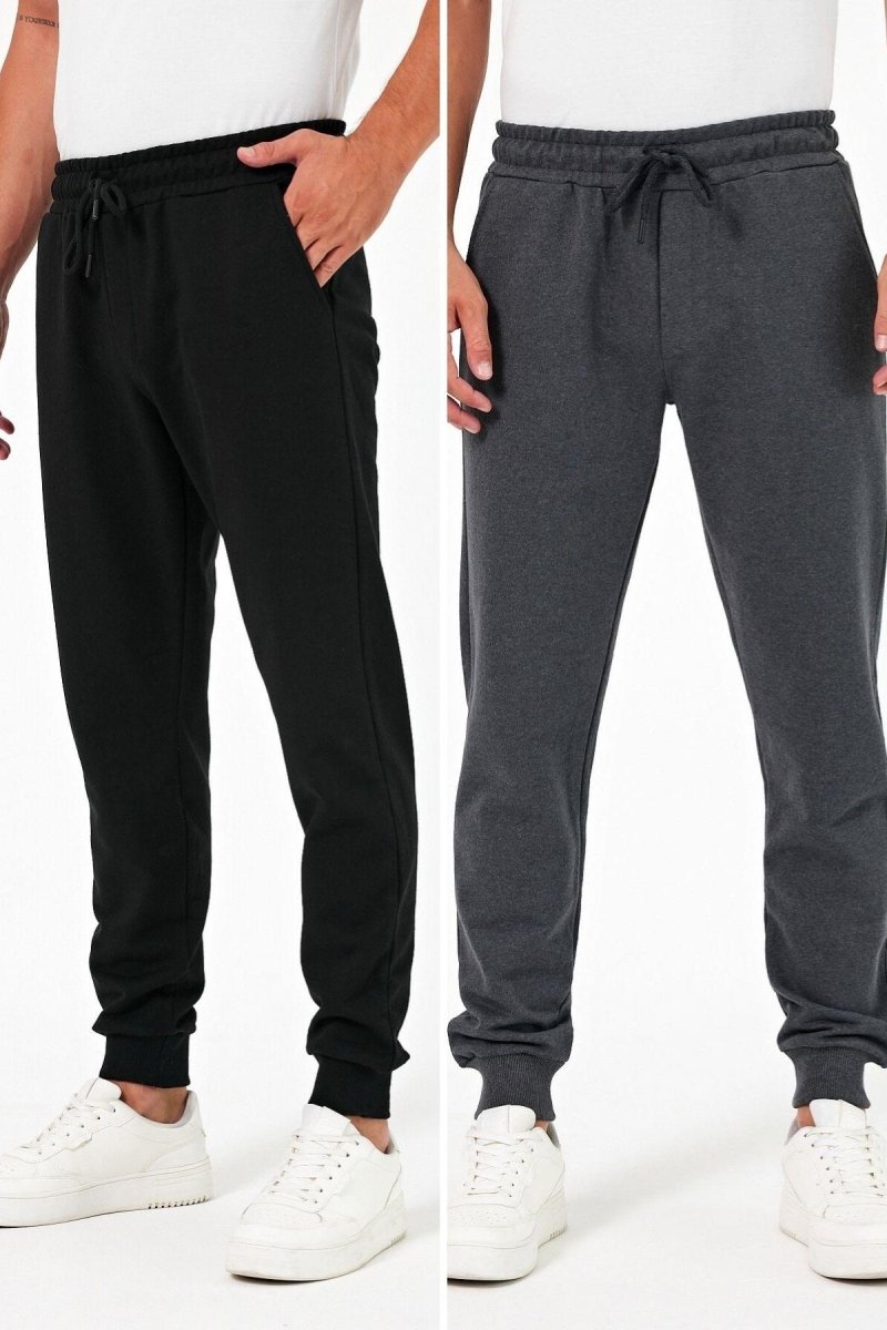 Kalın Siyah - Antrasit Erkek 2'li Eşofman Altı Jogger Arka Cepli Paça Lastikli Regular Fit Şardonsuz - MMETALIC