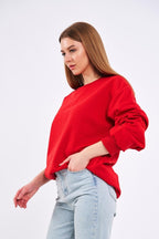 Kırmızı Kadın Pamuklu Oversize Basic Bisiklet Yaka Sweatshirt - MMETALIC