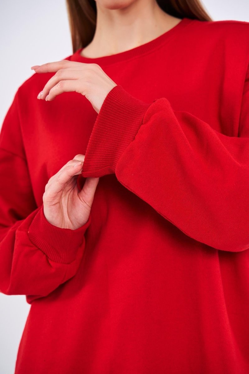 Kırmızı Kadın Pamuklu Oversize Basic Bisiklet Yaka Sweatshirt - MMETALIC