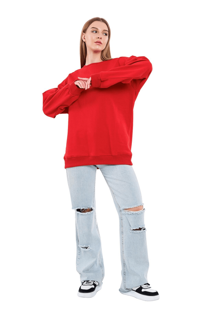 Kırmızı Kadın Pamuklu Oversize Basic Bisiklet Yaka Sweatshirt - MMETALIC