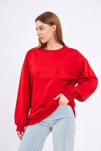 Kırmızı Kadın Pamuklu Oversize Basic Bisiklet Yaka Sweatshirt - MMETALIC