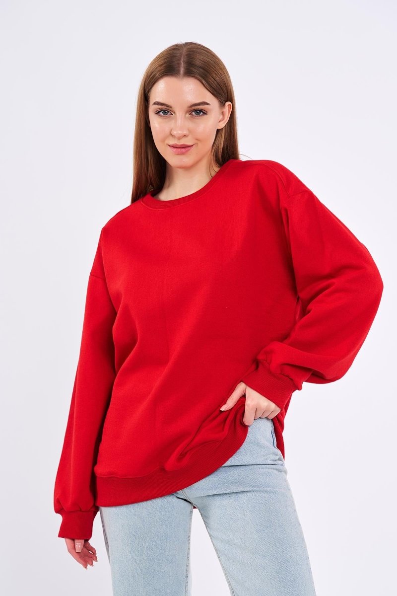 Kırmızı Kadın Pamuklu Oversize Basic Bisiklet Yaka Sweatshirt - MMETALIC