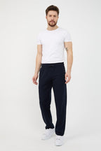 Lacivert Erkek Fermuar Cep Nakış Detaylı Düz Paça Rahat Kesim Eşofman Altı - MMETALIC