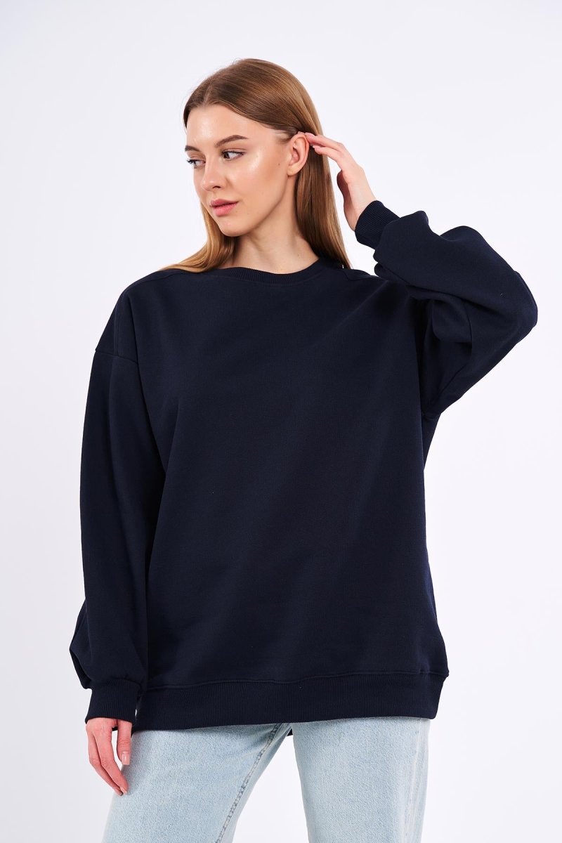Lacivert Kadın Pamuklu Oversize Basic Bisiklet Yaka Sweatshirt - MMETALIC