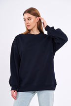 Lacivert Kadın Pamuklu Oversize Basic Bisiklet Yaka Sweatshirt - MMETALIC