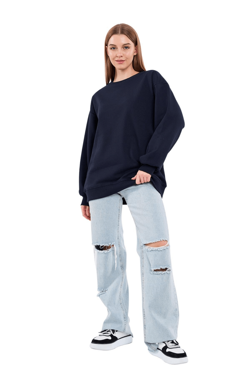 Lacivert Kadın Pamuklu Oversize Basic Bisiklet Yaka Sweatshirt - MMETALIC
