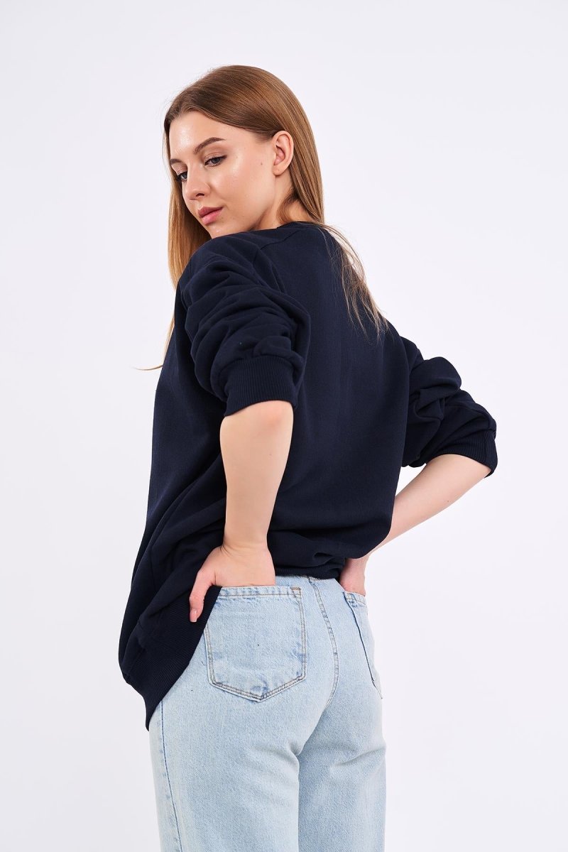 Lacivert Kadın Pamuklu Oversize Basic Bisiklet Yaka Sweatshirt - MMETALIC