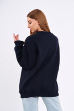 Lacivert Kadın Pamuklu Oversize Basic Bisiklet Yaka Sweatshirt - MMETALIC