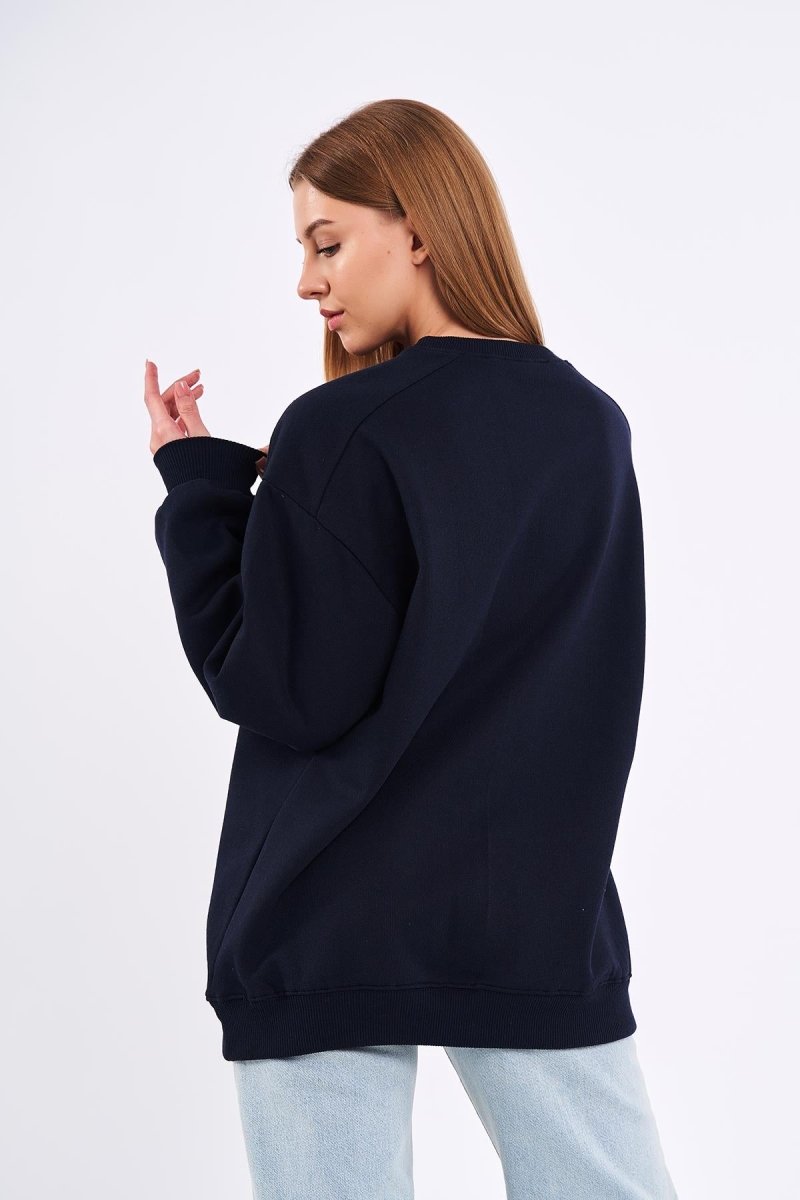 Lacivert Kadın Pamuklu Oversize Basic Bisiklet Yaka Sweatshirt - MMETALIC