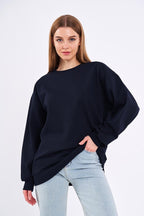 Lacivert Kadın Pamuklu Oversize Basic Bisiklet Yaka Sweatshirt - MMETALIC