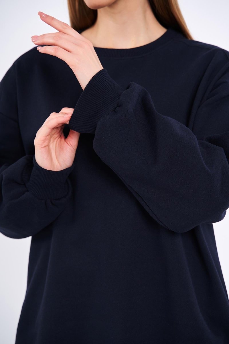 Lacivert Kadın Pamuklu Oversize Basic Bisiklet Yaka Sweatshirt - MMETALIC