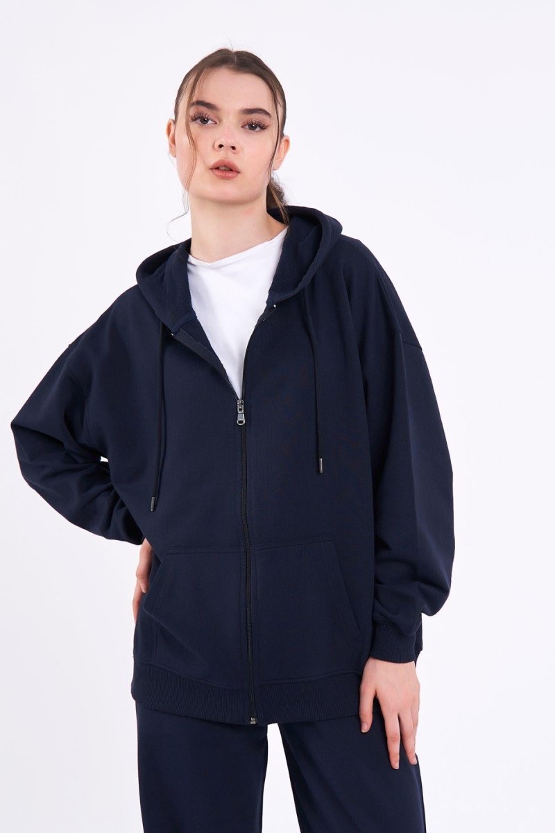 Lacivert Kanguru Cepli Kapüşonlu Fermuarlı Oversize Kadın Sweatshirt - MMETALIC