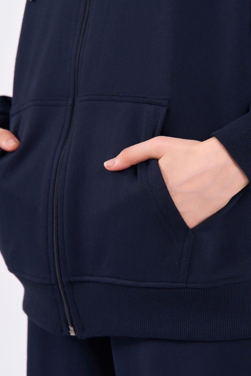 Lacivert Kanguru Cepli Kapüşonlu Fermuarlı Oversize Kadın Sweatshirt - MMETALIC