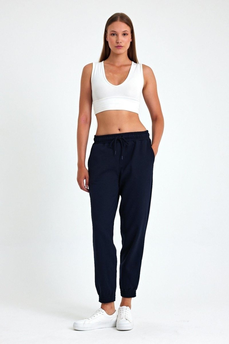 Lacivert Pamuklu Paçası Lastikli Rahat Kalın Jogger Cepli Kadın Eşofman Altı - MMETALIC