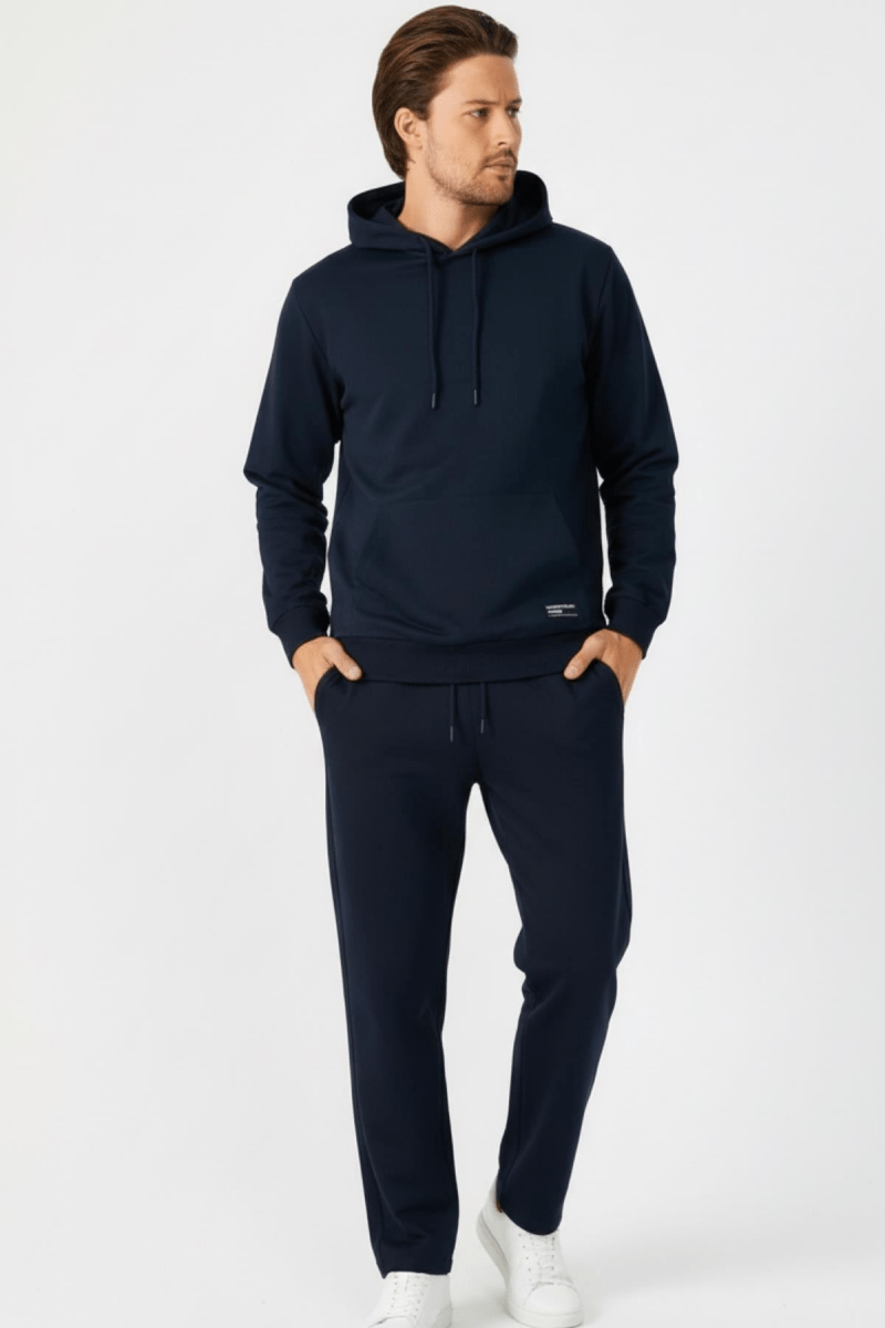 Lacivert Regular Fit Kapüşonlu Cepli Sweatshirt Düz Paça Erkek Eşofman Takımı - MMETALIC