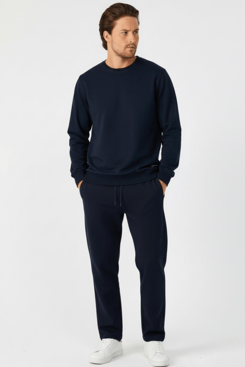 Lacivert Relaxed Fit Bisiklet Yaka Sweatshirt Düz Paça Erkek Eşofman Takımı - MMETALIC