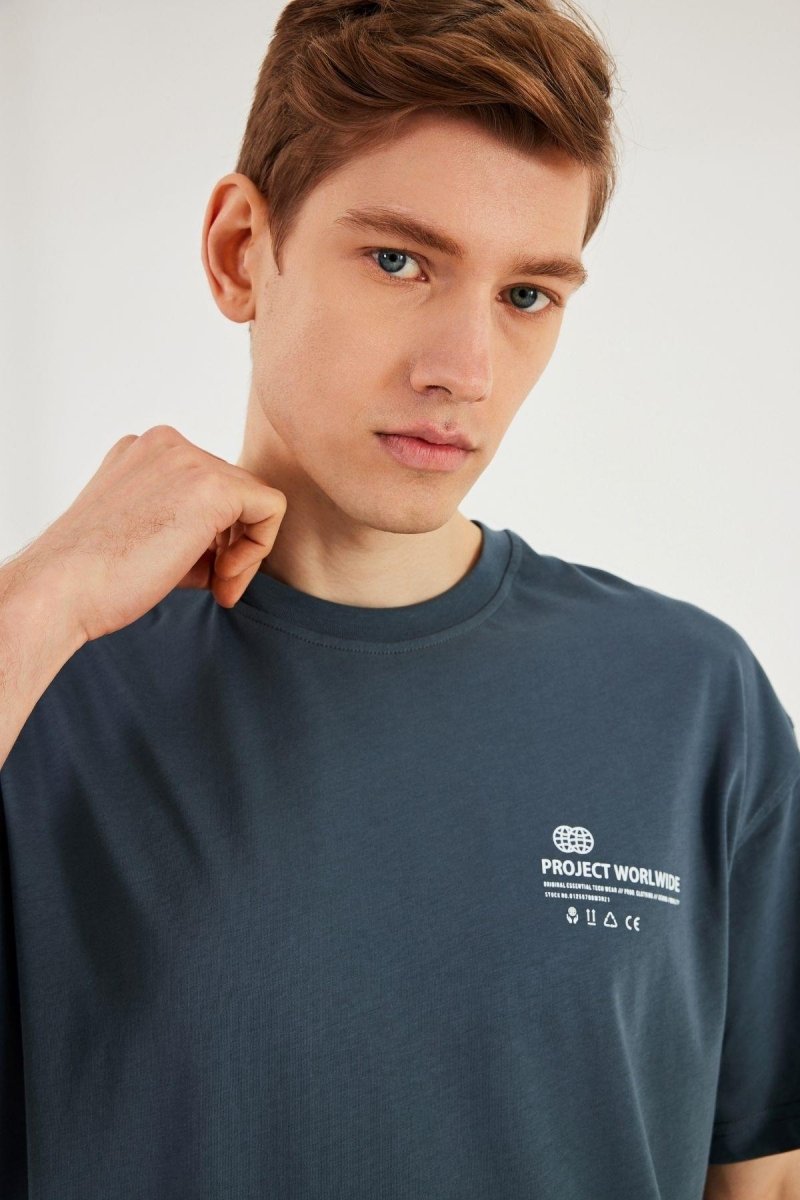 Leo Erkek Oversize Tshirt %100 Pamuk Bisiklet Yaka Baskı Detaylı Basic Tişört - MMETALIC