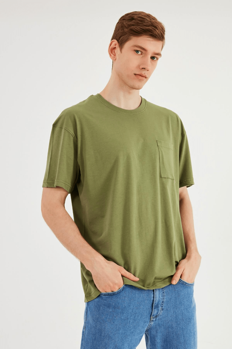 Leo Erkek Oversize Tshirt %100 Pamuk Cep Detaylı Bisiklet Yaka Basic Tişört MTLCE75 - MMETALIC