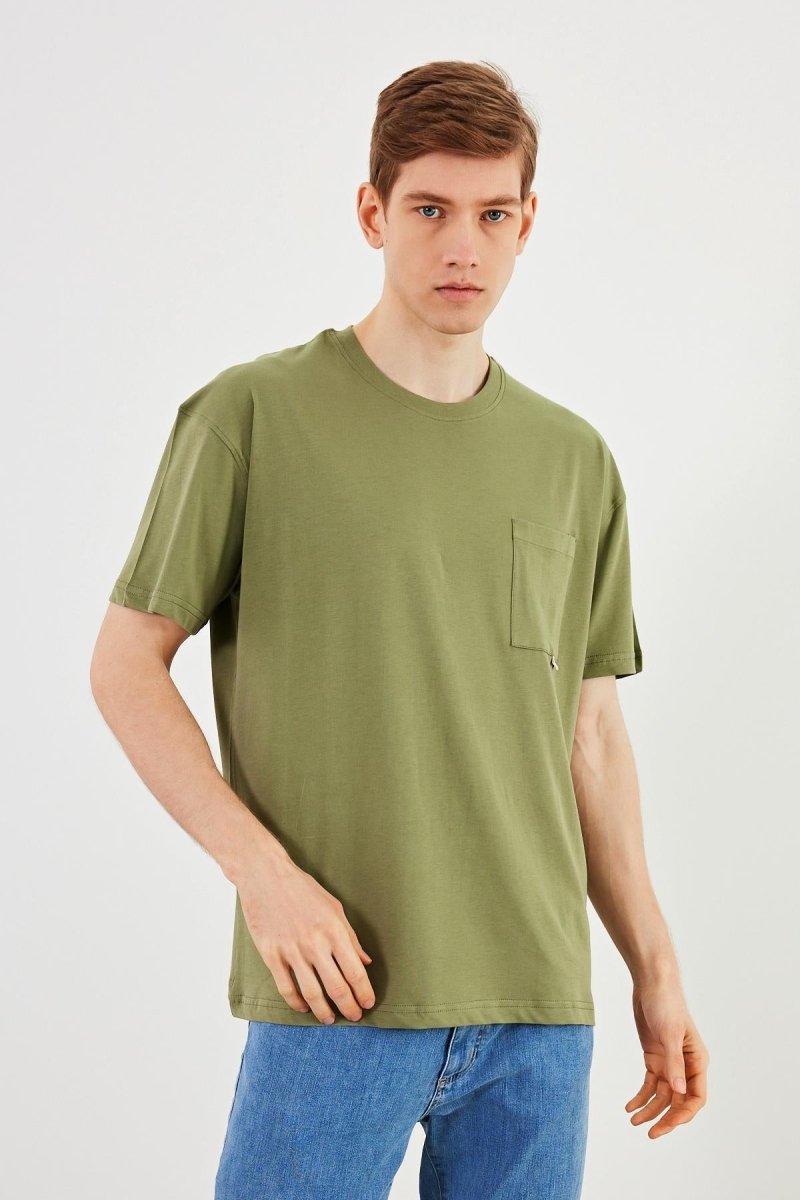 Leo Erkek Oversize Tshirt %100 Pamuk Cep Detaylı Bisiklet Yaka Basic Tişört MTLCE75 - MMETALIC