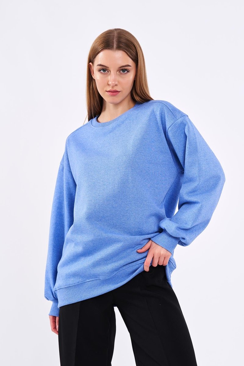 Mavi Kadın Pamuklu Oversize Basic Bisiklet Yaka Sweatshirt - MMETALIC
