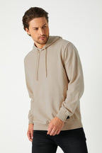 Metalic Bej Erkek Kapüşonlu Kanguru Cepli Sweatshirt - MMETALIC