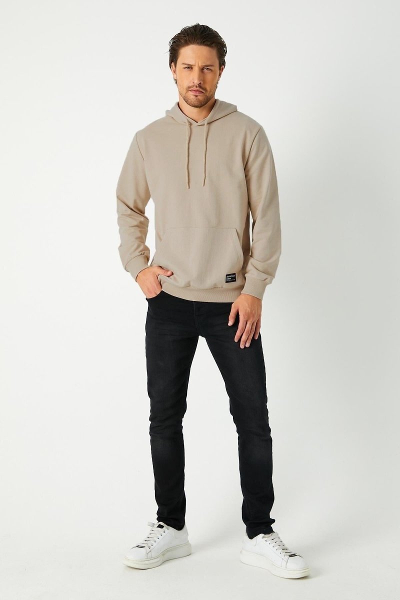 Metalic Bej Erkek Kapüşonlu Kanguru Cepli Sweatshirt - MMETALIC