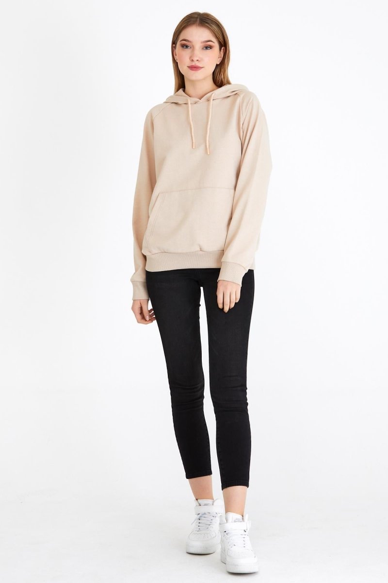 Metalic Kadın Bej Kapüşonlu Basic Örme Sweatshirt - MMETALIC