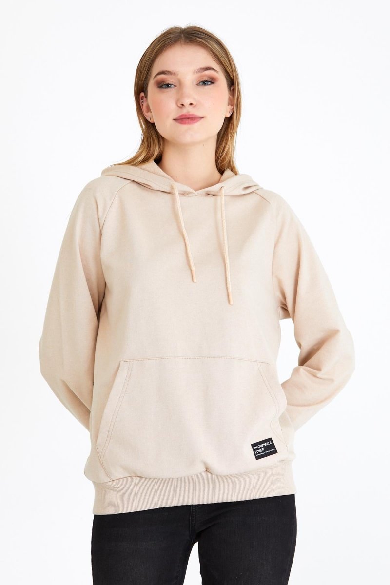 Metalic Kadın Bej Kapüşonlu Basic Örme Sweatshirt - MMETALIC