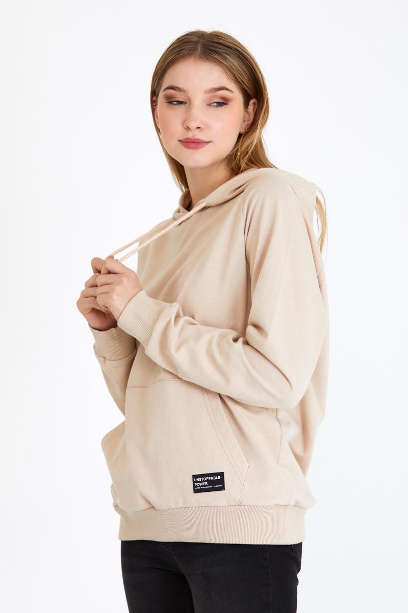 Metalic Kadın Bej Kapüşonlu Basic Örme Sweatshirt - MMETALIC