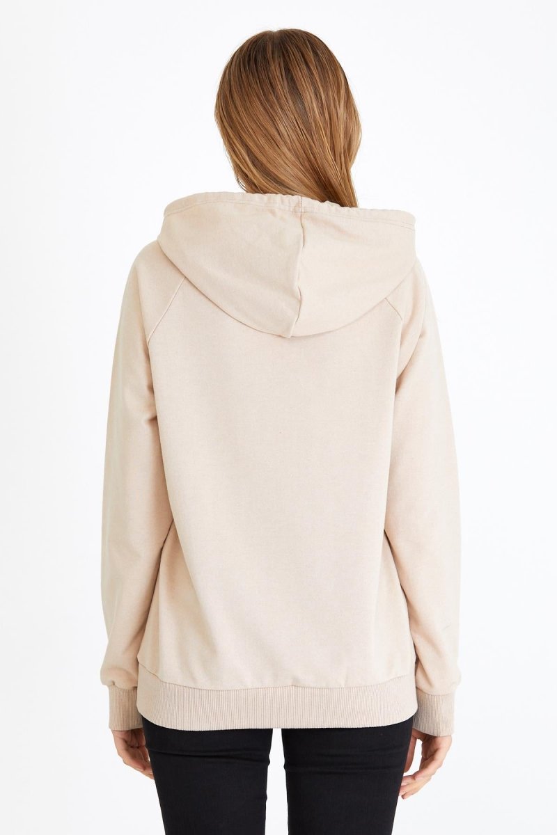 Metalic Kadın Bej Kapüşonlu Basic Örme Sweatshirt - MMETALIC