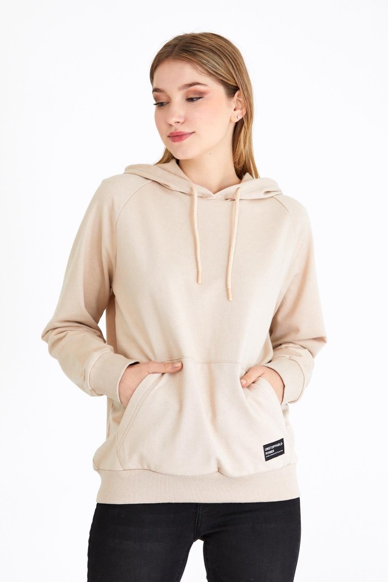 Metalic Kadın Bej Kapüşonlu Basic Örme Sweatshirt - MMETALIC