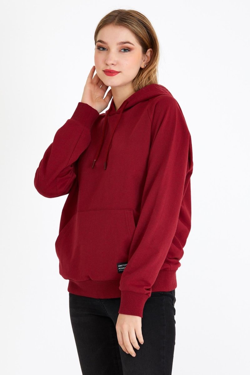Metalic Kadın Bordo Kapüşonlu Basic Örme Sweatshirt - MMETALIC