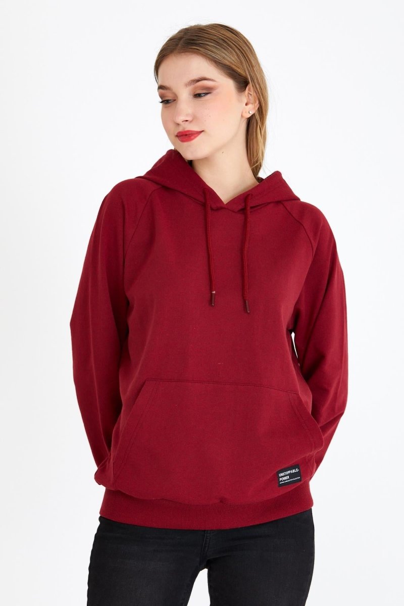 Metalic Kadın Bordo Kapüşonlu Basic Örme Sweatshirt - MMETALIC