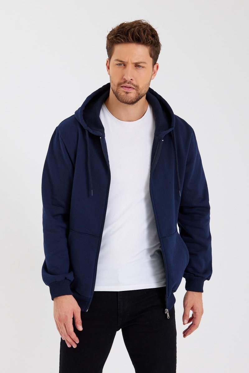 METALIC Siyah Kanguru Cepli Kapüşonlu Fermuarlı İçi Pamuklu Erkek Hırka - MMETALIC