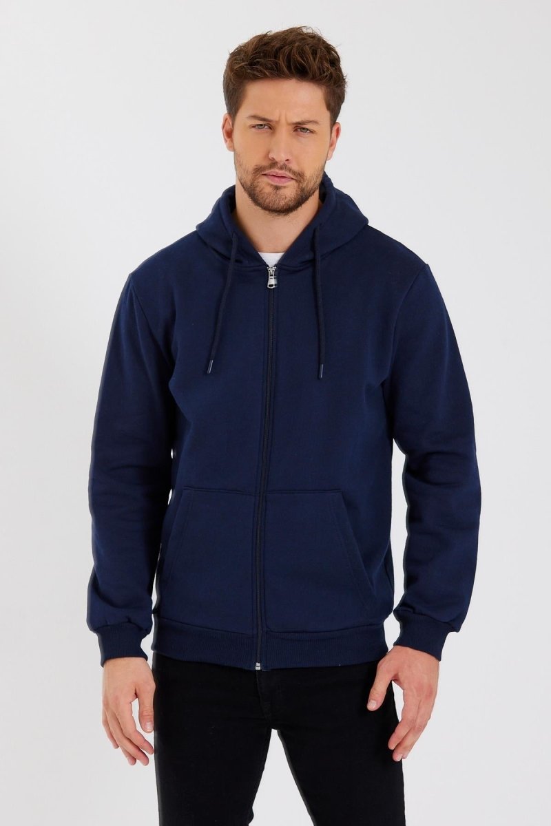 METALIC Siyah Kanguru Cepli Kapüşonlu Fermuarlı İçi Pamuklu Erkek Hırka - MMETALIC