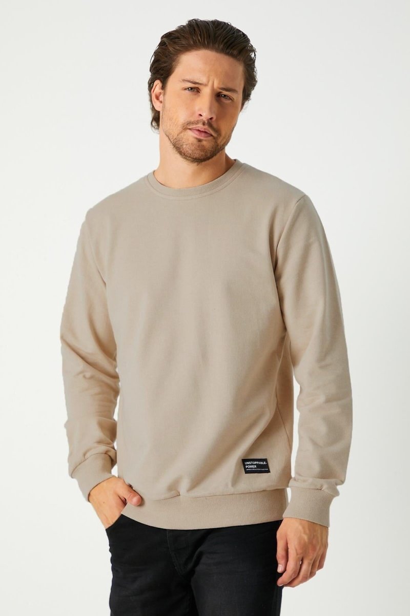mmetalic Erkek Basic Bisiklet Yaka Bej Sweatshirt - MMETALIC