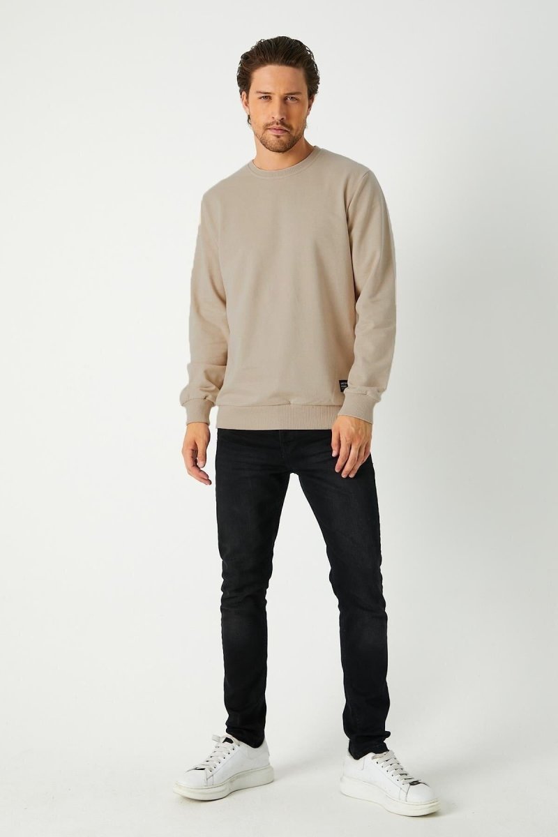 mmetalic Erkek Basic Bisiklet Yaka Bej Sweatshirt - MMETALIC