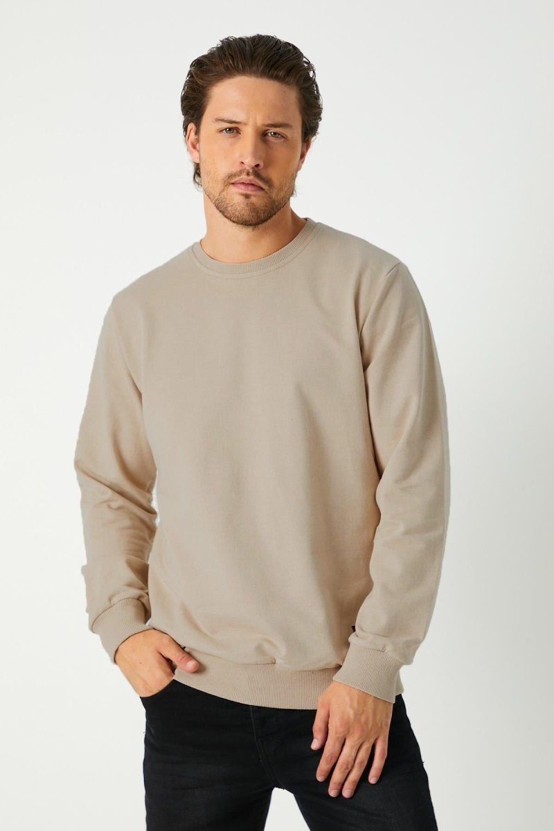mmetalic Erkek Basic Bisiklet Yaka Bej Sweatshirt - MMETALIC